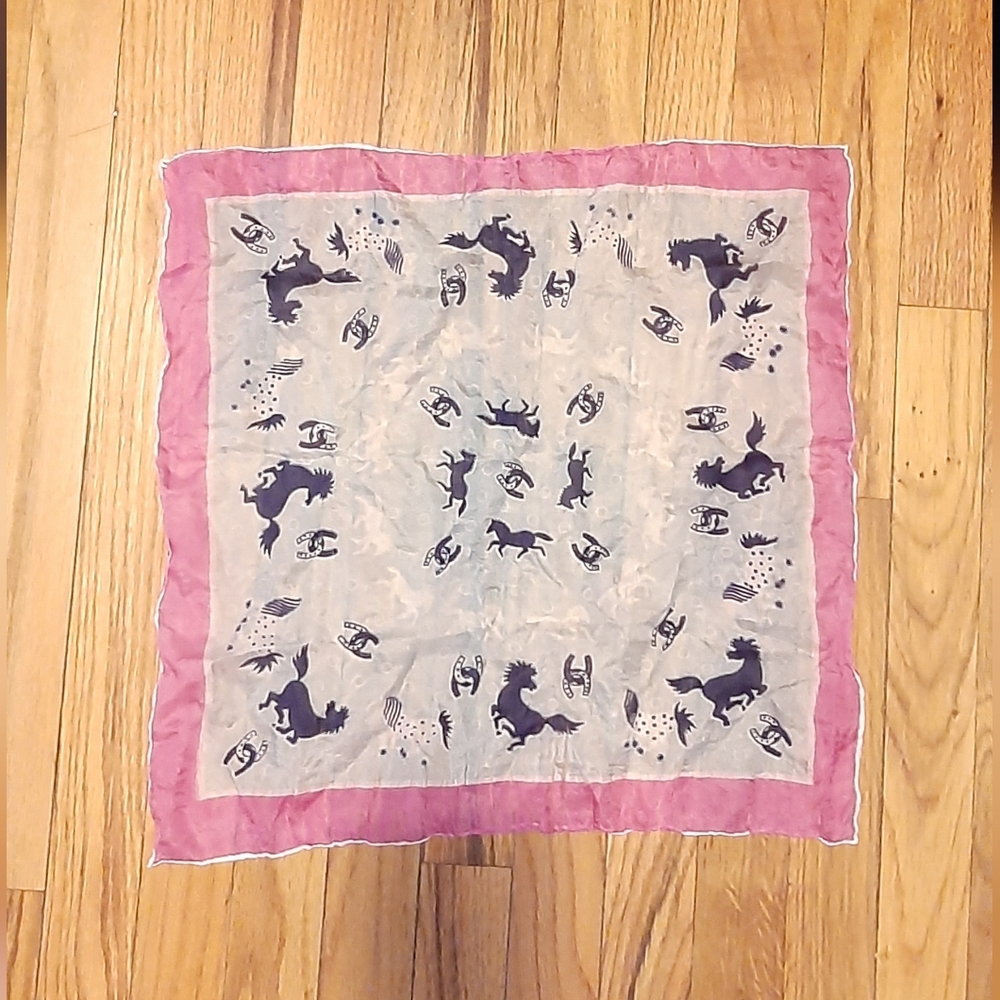 Pink & Gray Horse Themed Silk Scarf w/Hand Rolled Hem